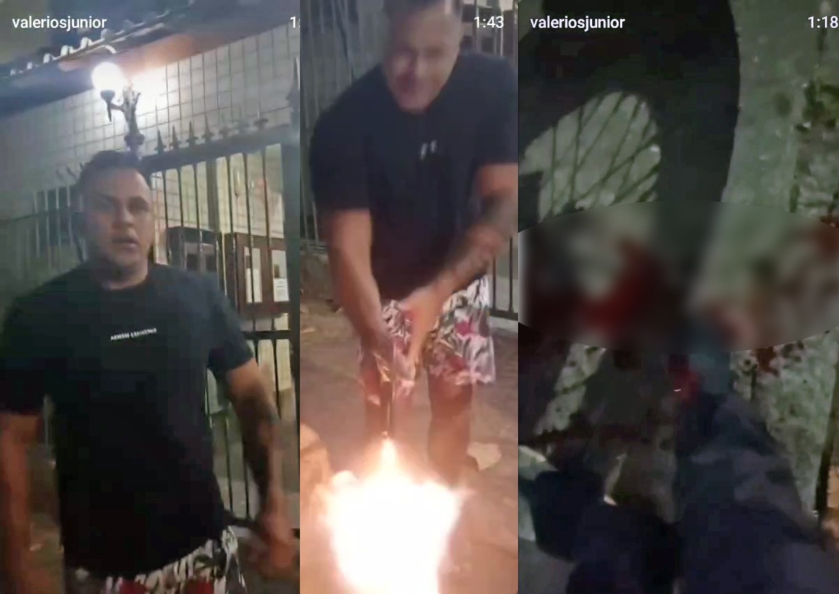 Homem fardado aponta arma para entregador de aplicativo em frente a um condomínio.