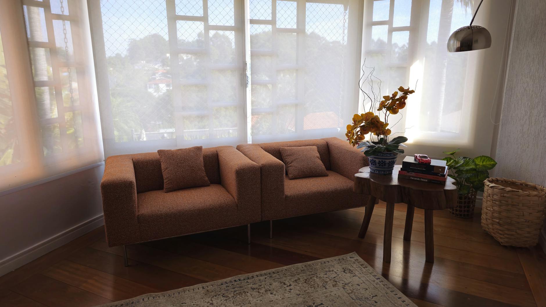 A stylish, minimalist living room interior featuring a cozy sofa, side table with plants, and natural light.