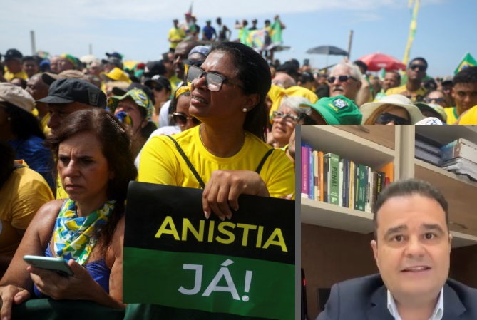 Representação de documentos legais e uma balança da justiça, simbolizando o debate sobre anistia no Congresso Nacional.